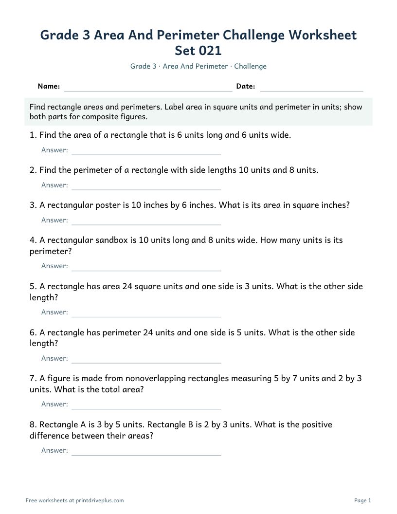 Preview of Grade 3 Area And Perimeter Challenge Worksheet Set 021