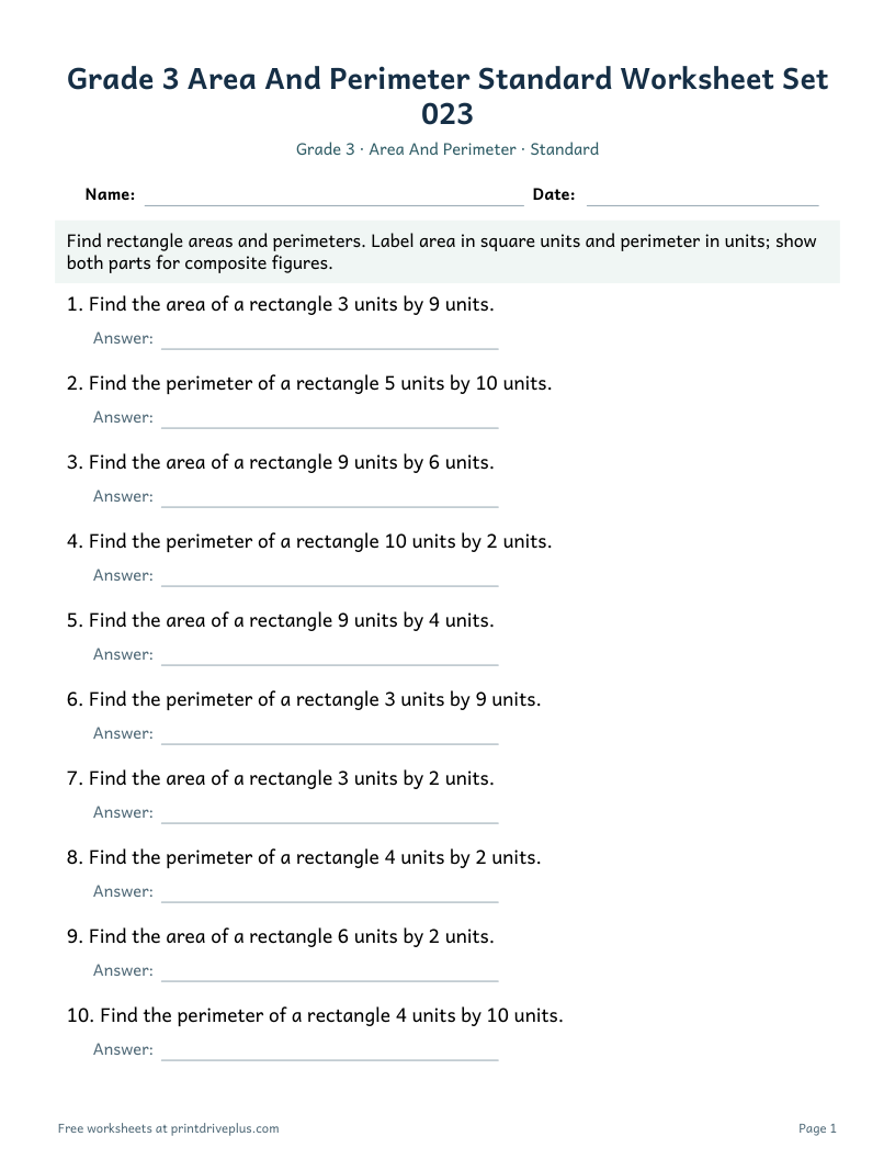 Preview of Grade 3 Area And Perimeter Standard Worksheet Set 023