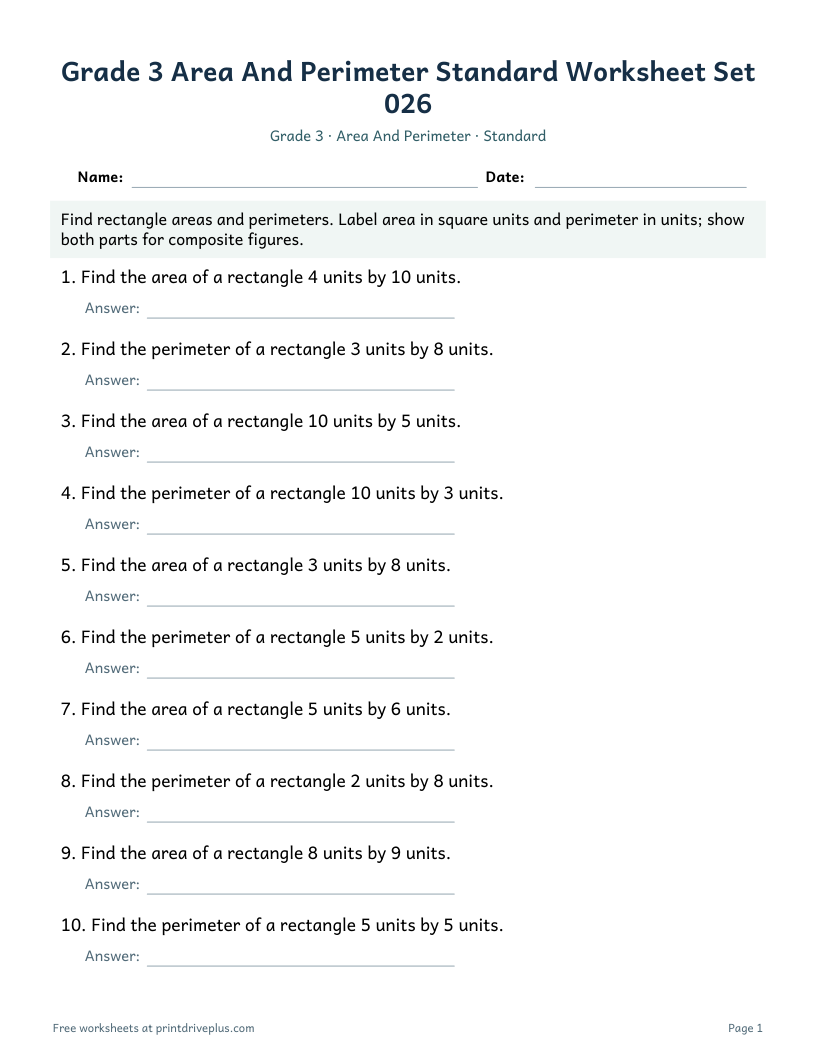 Preview of Grade 3 Area And Perimeter Standard Worksheet Set 026