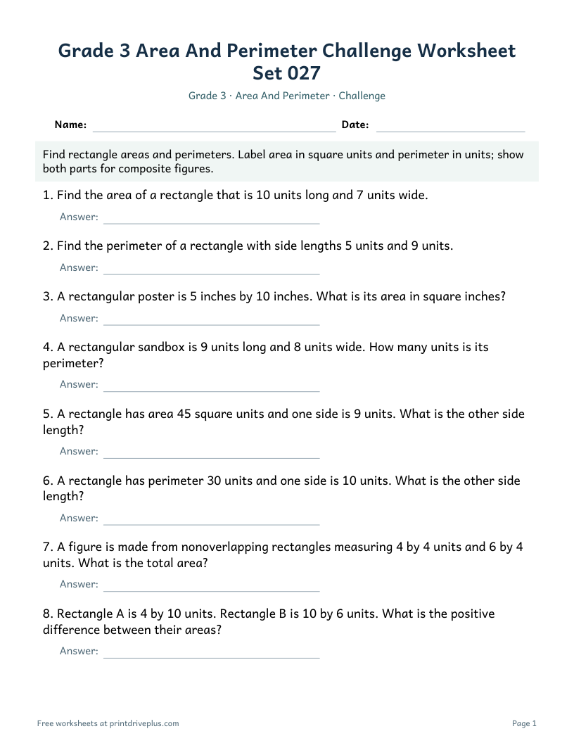 Preview of Grade 3 Area And Perimeter Challenge Worksheet Set 027