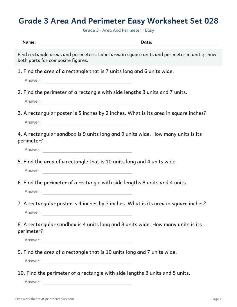 Preview of Grade 3 Area And Perimeter Easy Worksheet Set 028