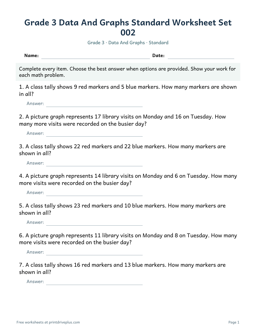 Preview of Grade 3 Data And Graphs Standard Worksheet Set 002