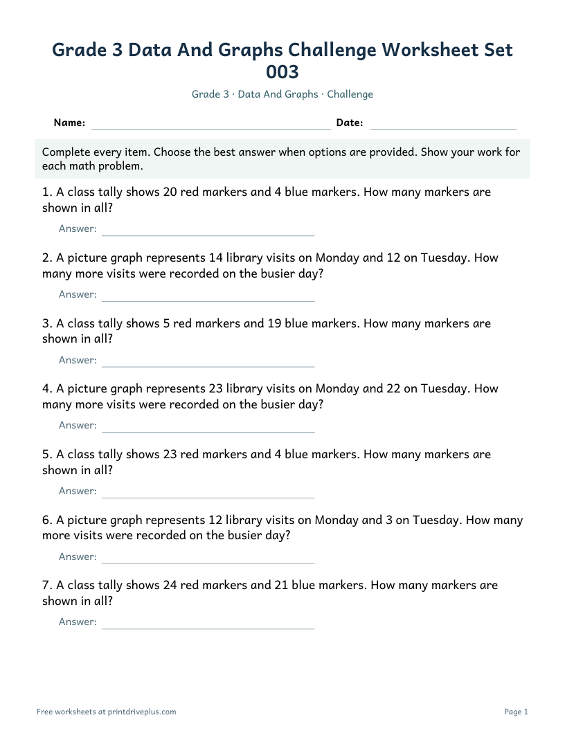 Preview of Grade 3 Data And Graphs Challenge Worksheet Set 003
