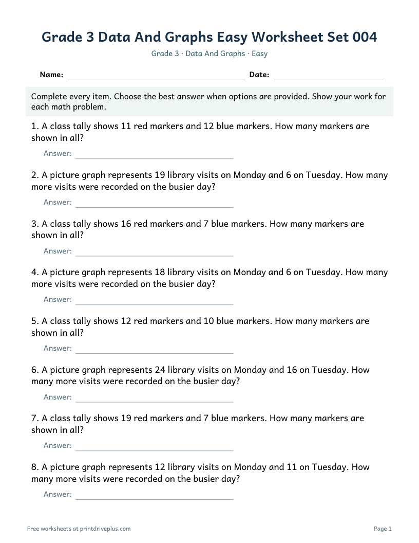 Preview of Grade 3 Data And Graphs Easy Worksheet Set 004