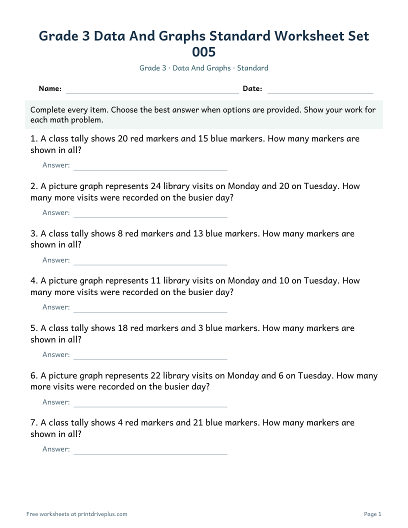 Preview of Grade 3 Data And Graphs Standard Worksheet Set 005