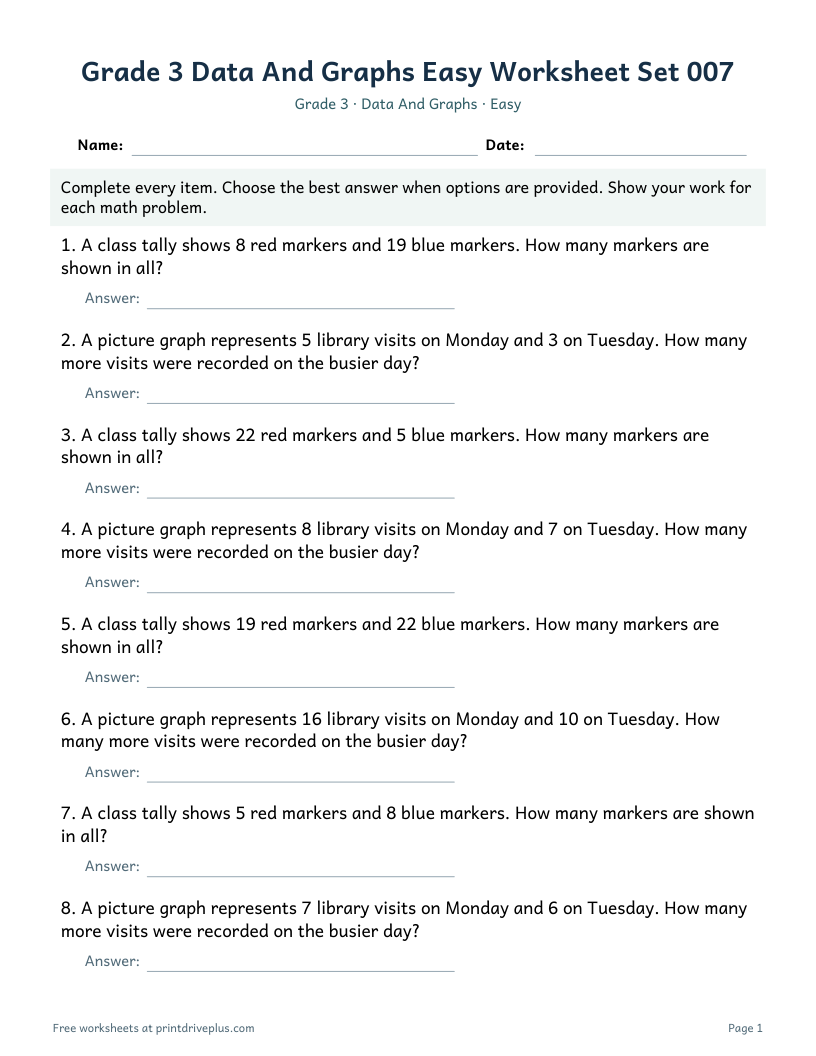 Preview of Grade 3 Data And Graphs Easy Worksheet Set 007