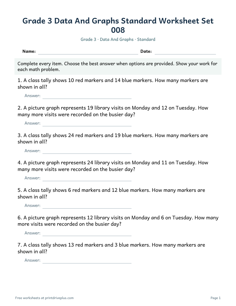Preview of Grade 3 Data And Graphs Standard Worksheet Set 008