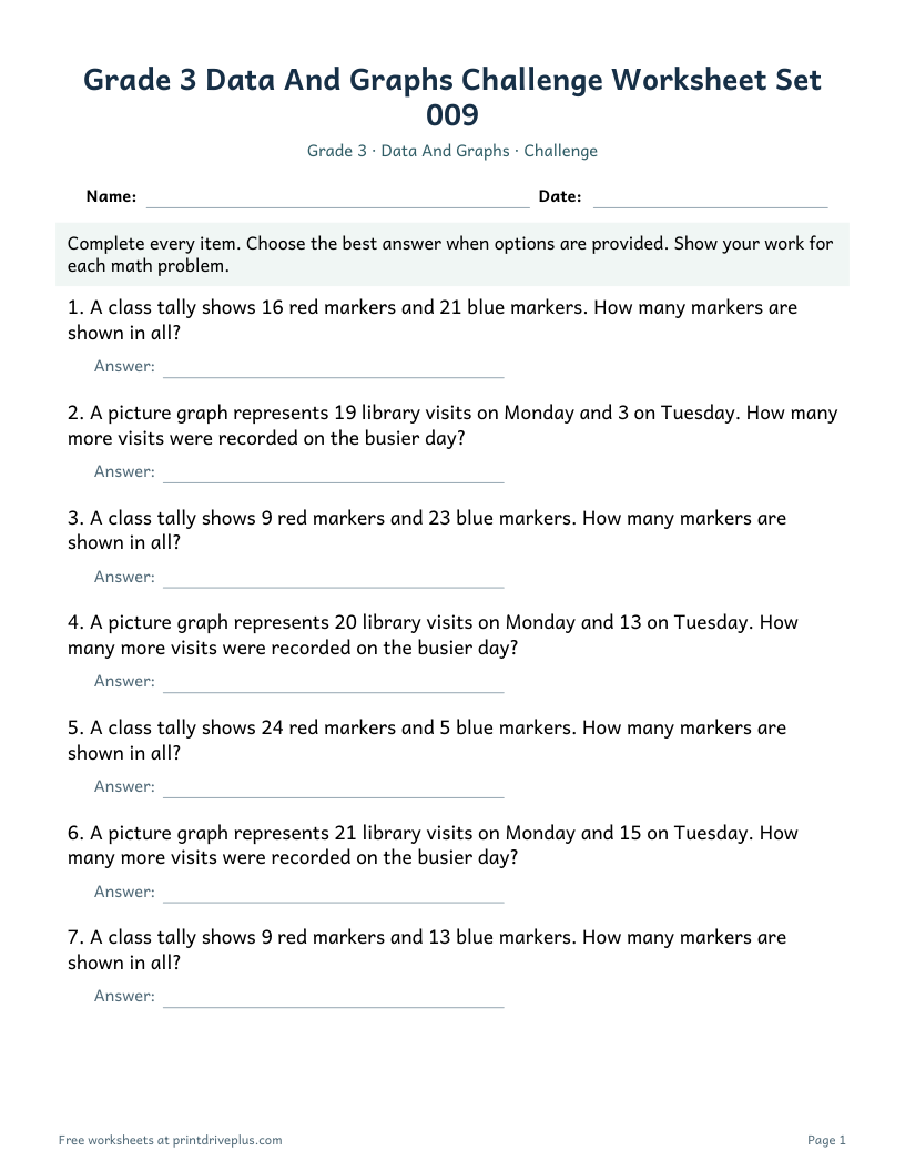 Preview of Grade 3 Data And Graphs Challenge Worksheet Set 009