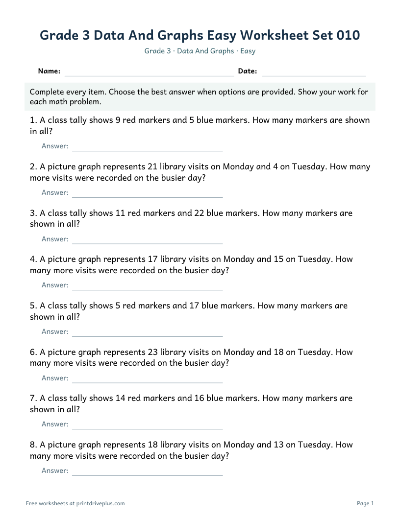 Preview of Grade 3 Data And Graphs Easy Worksheet Set 010