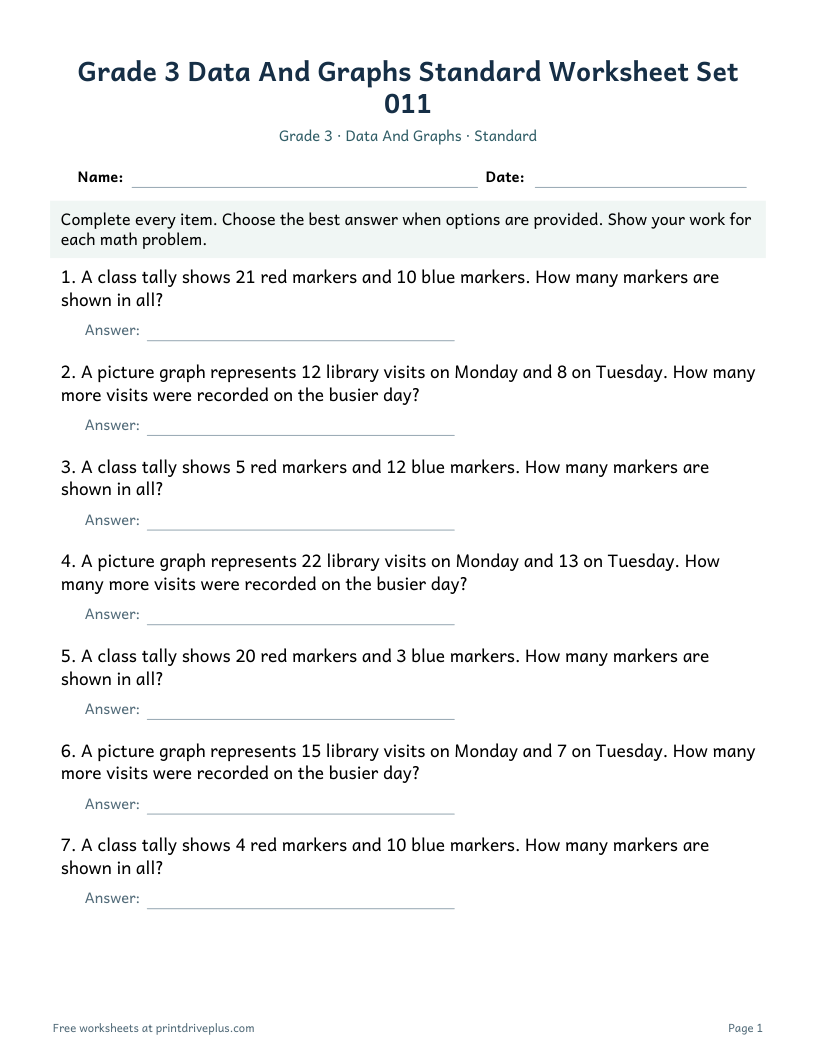 Preview of Grade 3 Data And Graphs Standard Worksheet Set 011