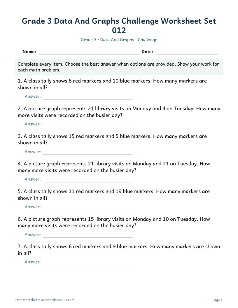 Preview of Grade 3 Data And Graphs Challenge Worksheet Set 012