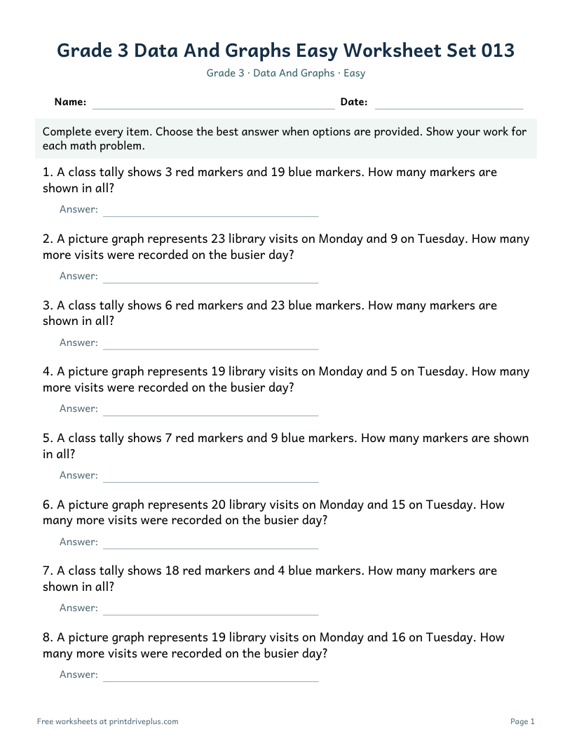 Preview of Grade 3 Data And Graphs Easy Worksheet Set 013