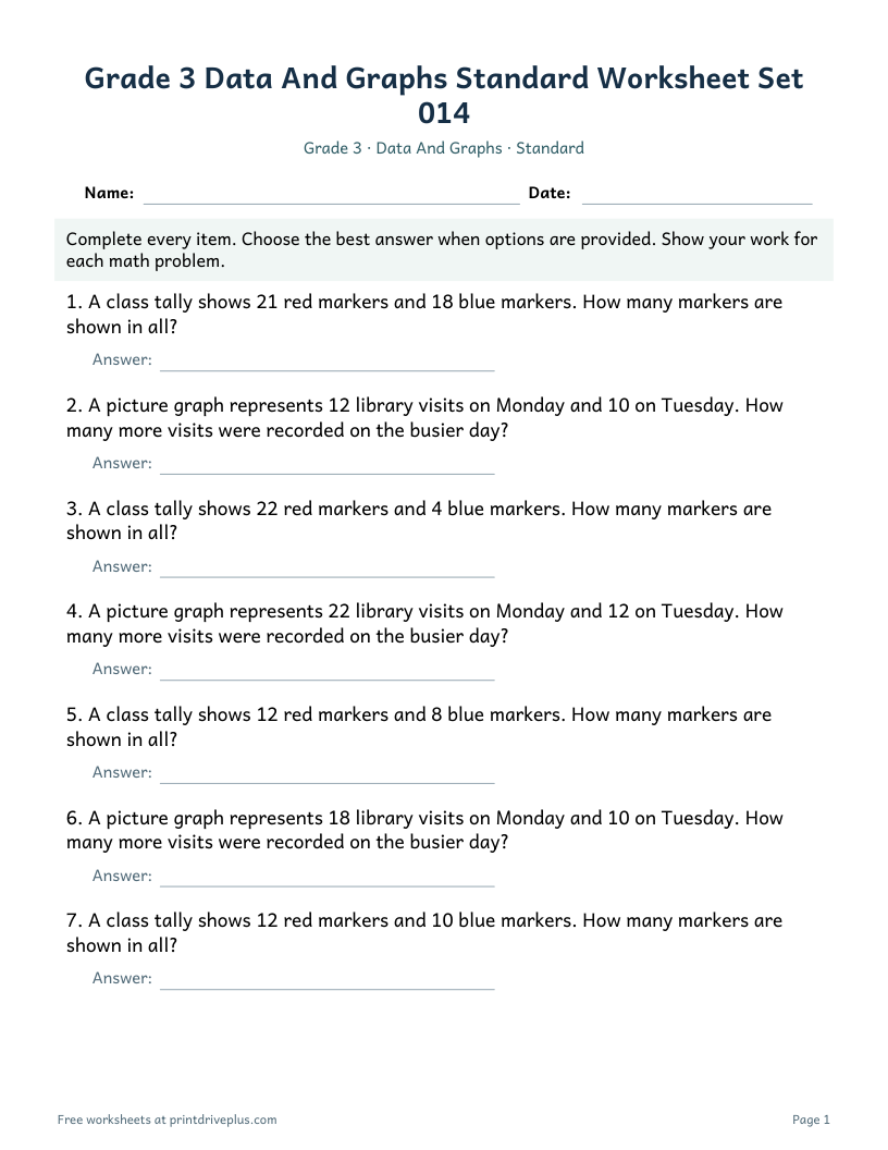 Preview of Grade 3 Data And Graphs Standard Worksheet Set 014
