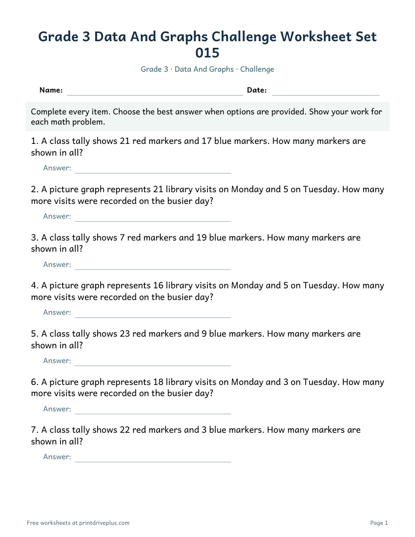 Preview of Grade 3 Data And Graphs Challenge Worksheet Set 015