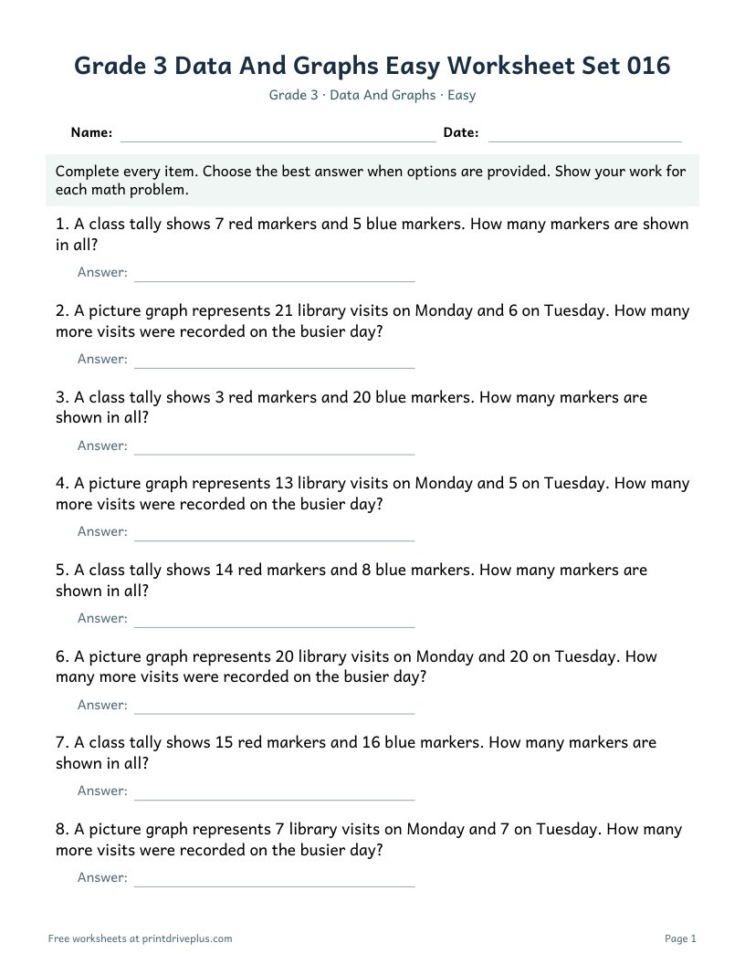 Preview of Grade 3 Data And Graphs Easy Worksheet Set 016