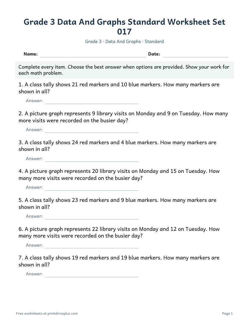 Preview of Grade 3 Data And Graphs Standard Worksheet Set 017