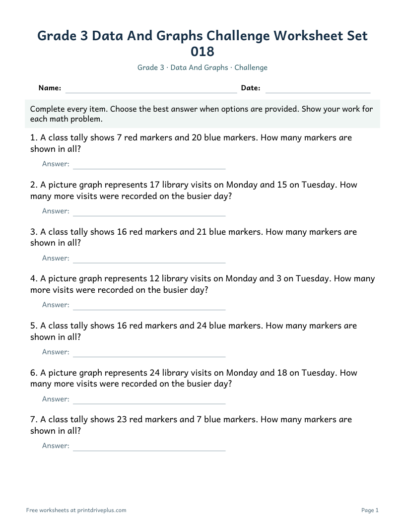 Preview of Grade 3 Data And Graphs Challenge Worksheet Set 018