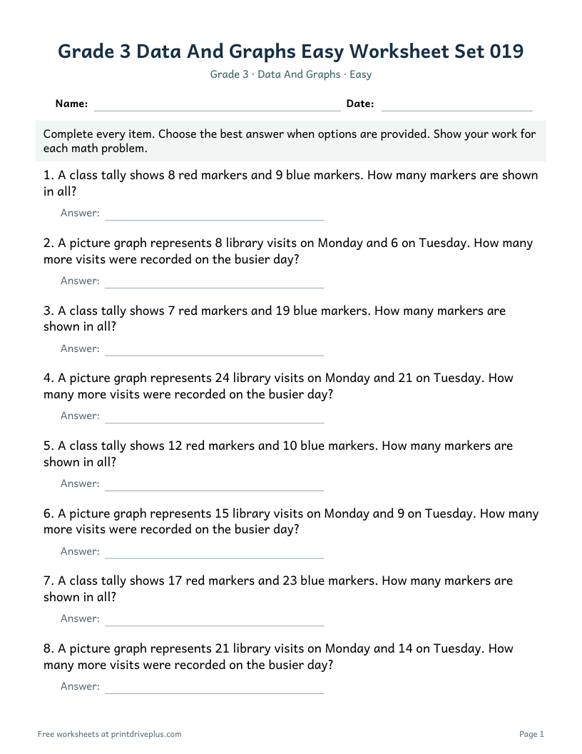 Preview of Grade 3 Data And Graphs Easy Worksheet Set 019