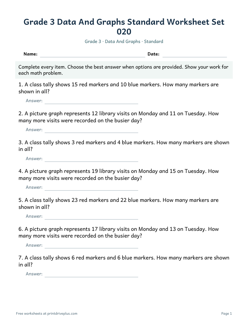 Preview of Grade 3 Data And Graphs Standard Worksheet Set 020
