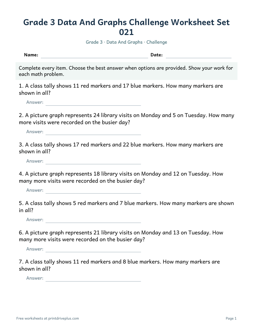Preview of Grade 3 Data And Graphs Challenge Worksheet Set 021