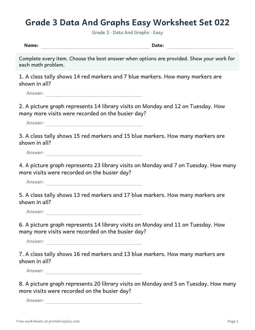 Preview of Grade 3 Data And Graphs Easy Worksheet Set 022