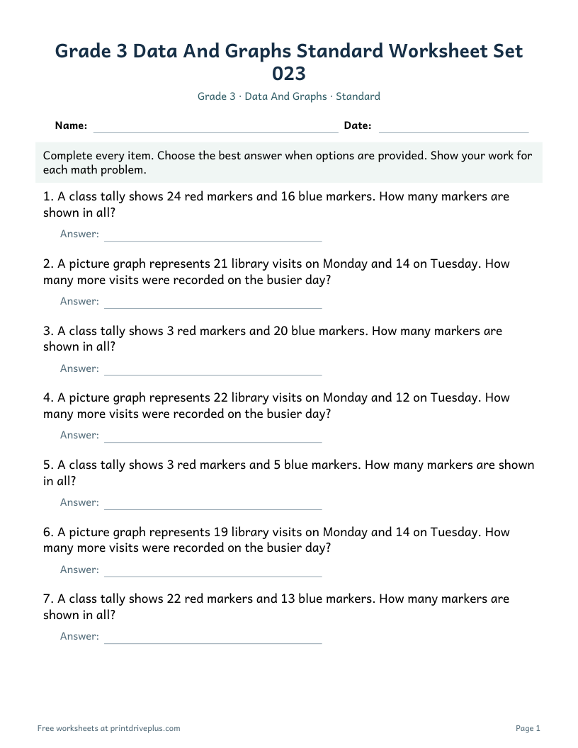 Preview of Grade 3 Data And Graphs Standard Worksheet Set 023