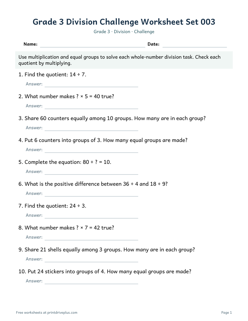 Preview of Grade 3 Division Challenge Worksheet Set 003