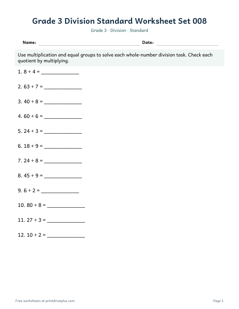 Preview of Grade 3 Division Standard Worksheet Set 008
