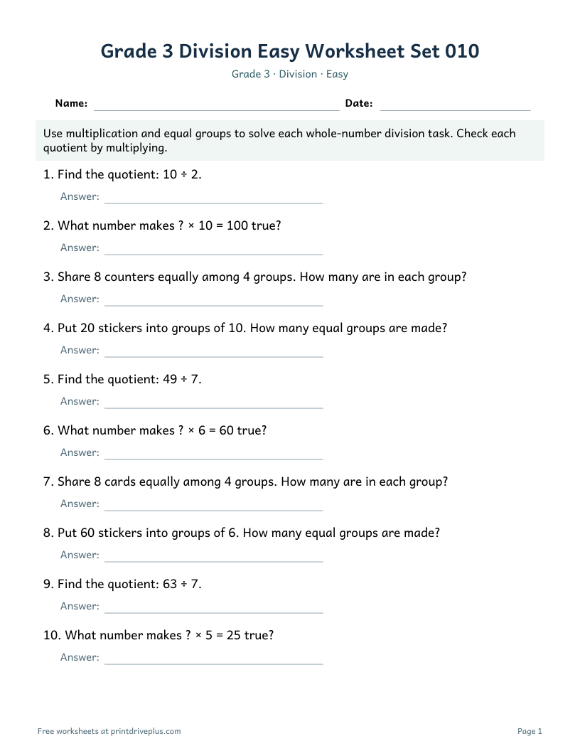 Preview of Grade 3 Division Easy Worksheet Set 010