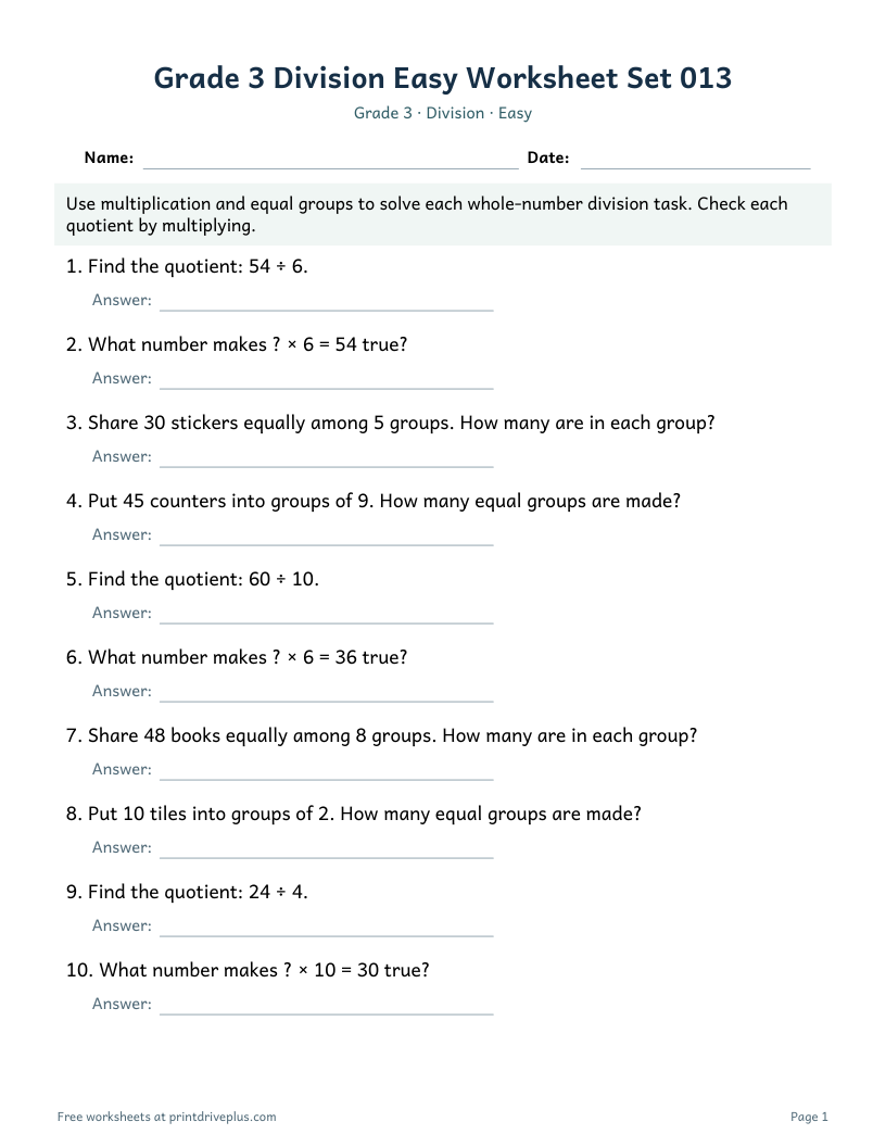 Preview of Grade 3 Division Easy Worksheet Set 013