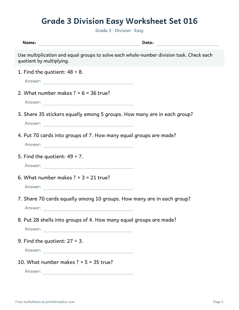 Preview of Grade 3 Division Easy Worksheet Set 016