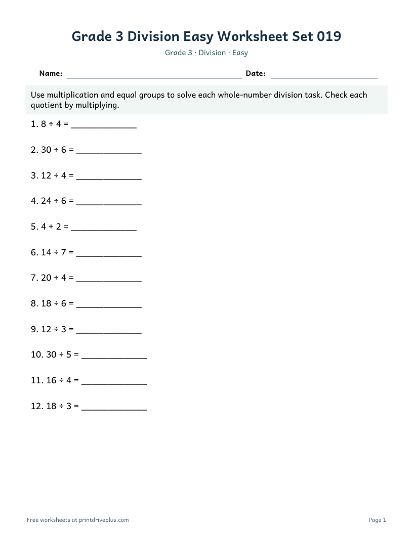 Preview of Grade 3 Division Easy Worksheet Set 019