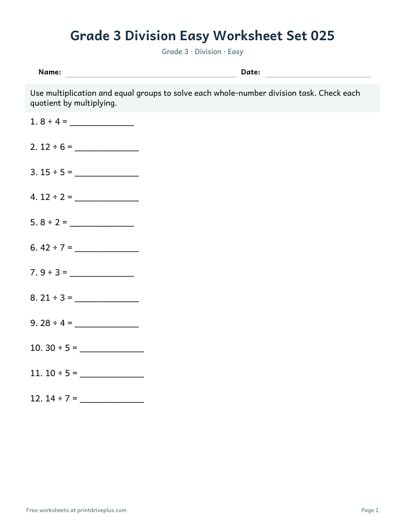 Preview of Grade 3 Division Easy Worksheet Set 025