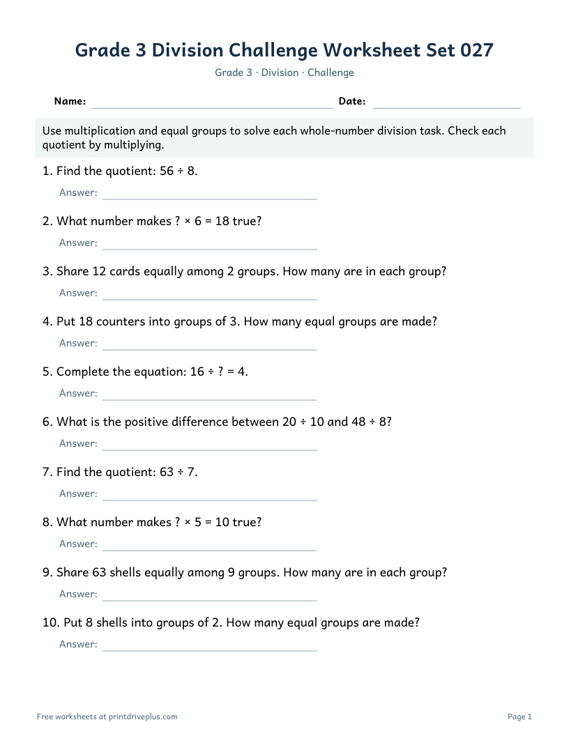 Preview of Grade 3 Division Challenge Worksheet Set 027