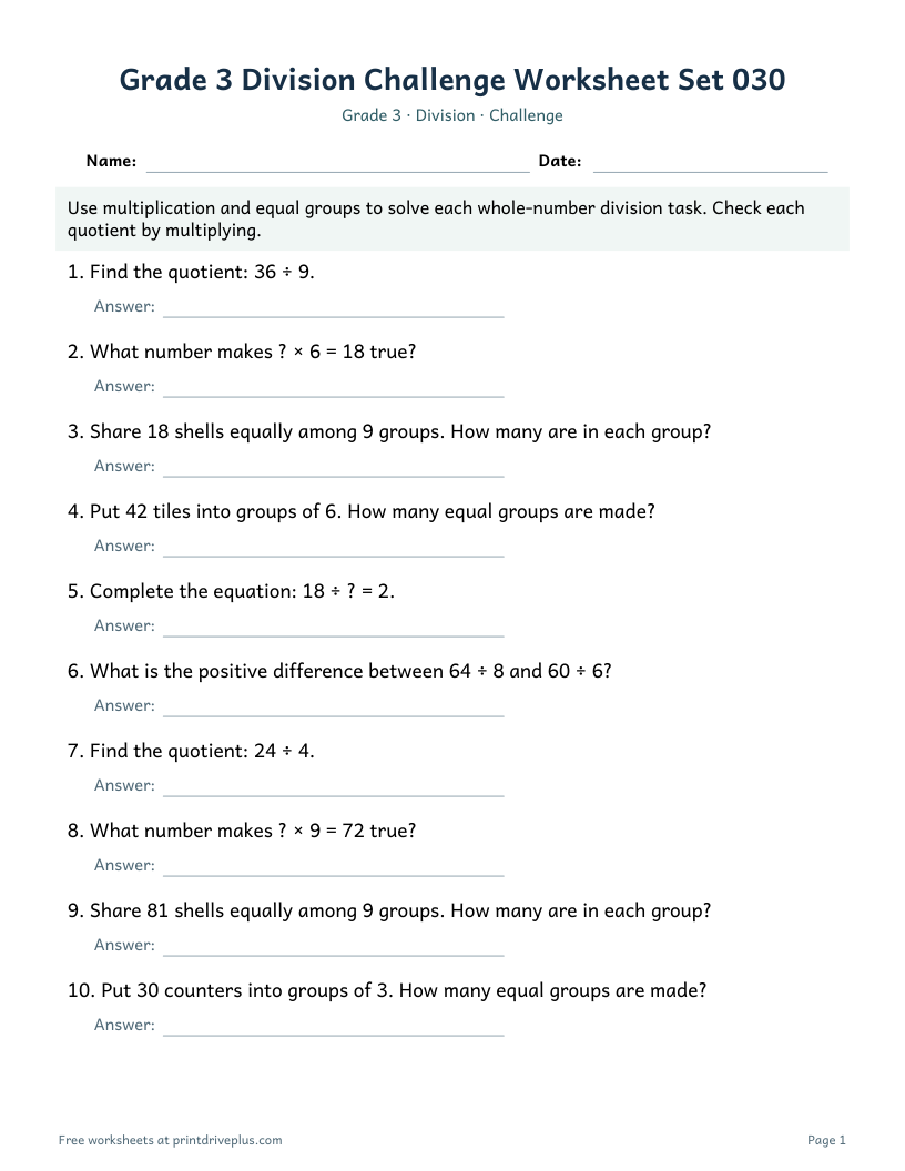 Preview of Grade 3 Division Challenge Worksheet Set 030