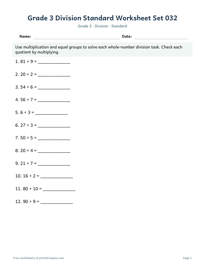 Preview of Grade 3 Division Standard Worksheet Set 032