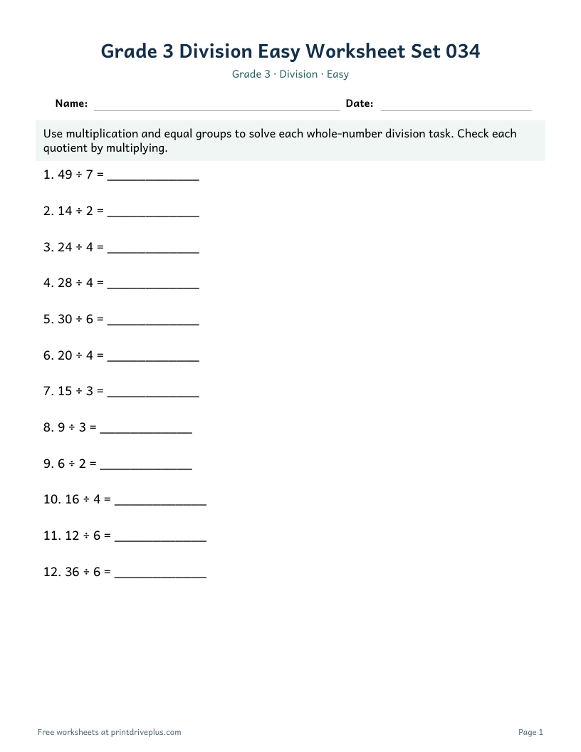 Preview of Grade 3 Division Easy Worksheet Set 034