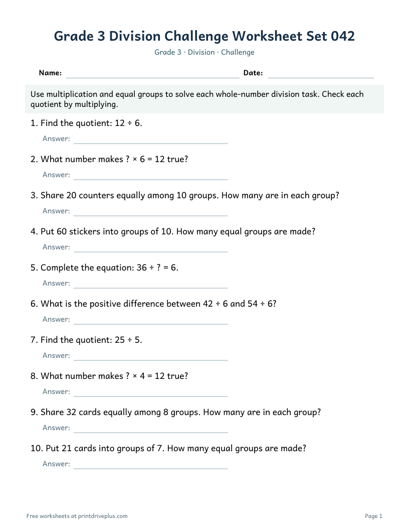 Preview of Grade 3 Division Challenge Worksheet Set 042