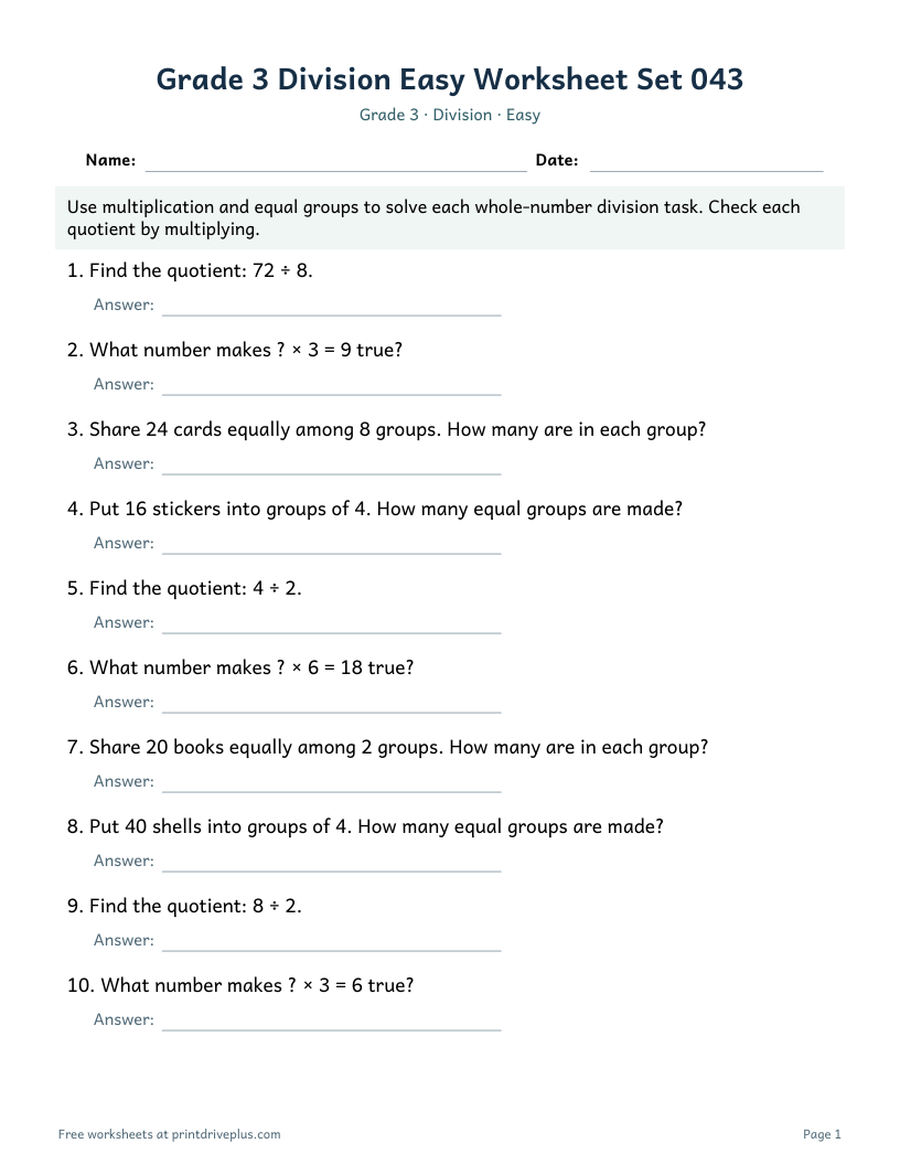 Preview of Grade 3 Division Easy Worksheet Set 043