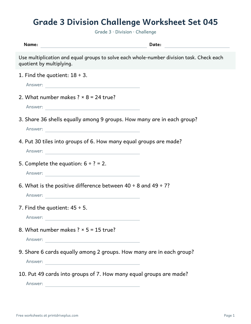 Preview of Grade 3 Division Challenge Worksheet Set 045