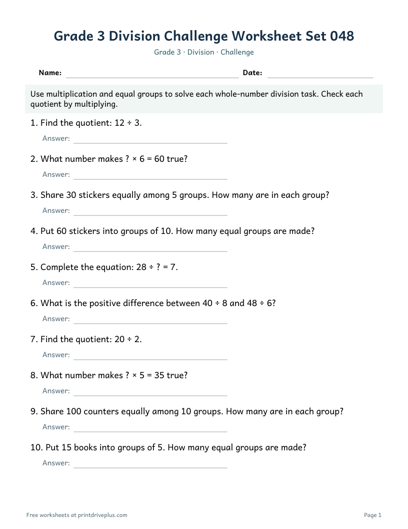 Preview of Grade 3 Division Challenge Worksheet Set 048