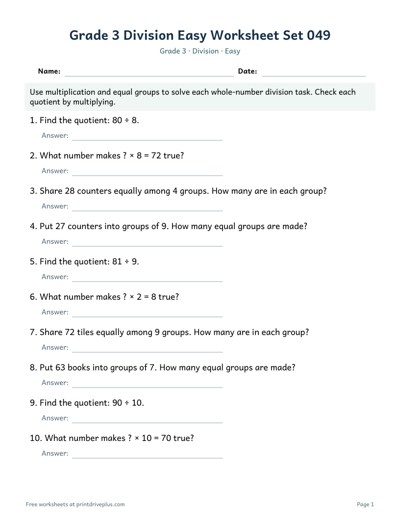 Preview of Grade 3 Division Easy Worksheet Set 049