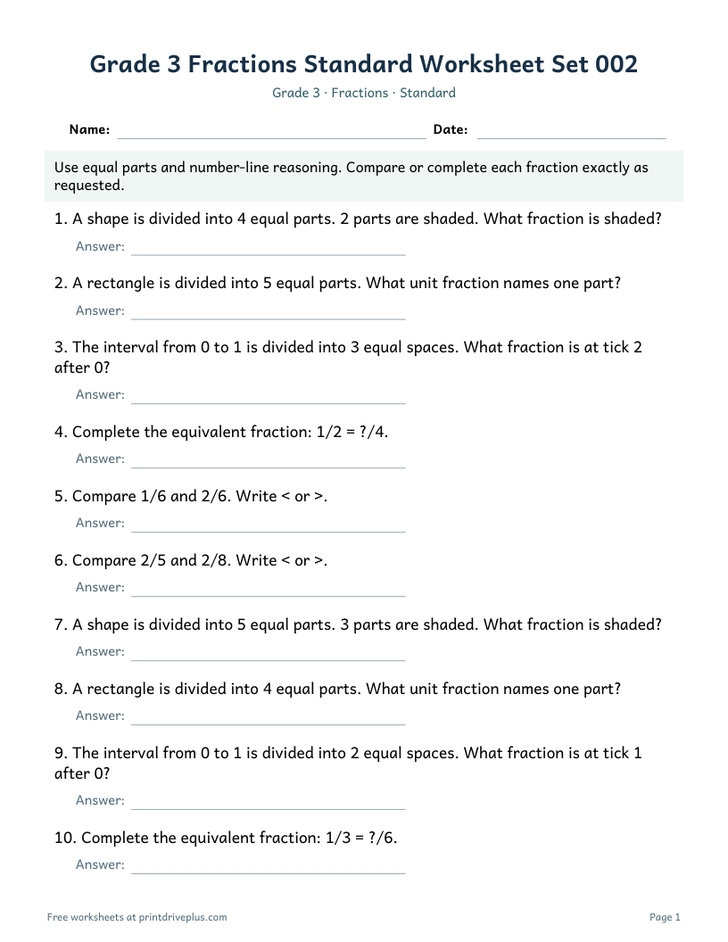 Preview of Grade 3 Fractions Standard Worksheet Set 002