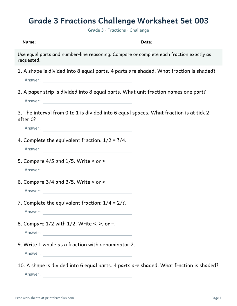 Preview of Grade 3 Fractions Challenge Worksheet Set 003