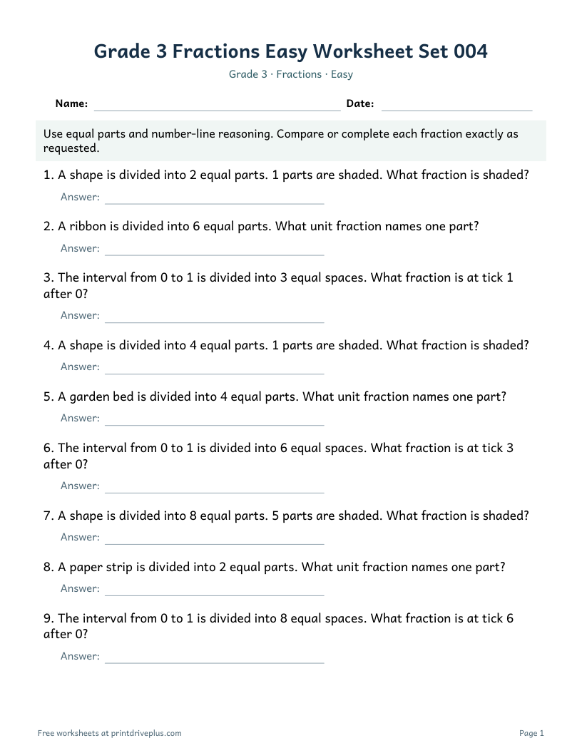 Preview of Grade 3 Fractions Easy Worksheet Set 004