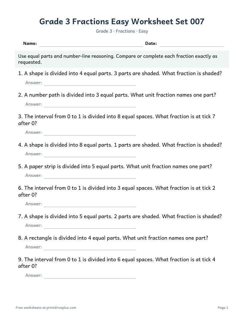 Preview of Grade 3 Fractions Easy Worksheet Set 007