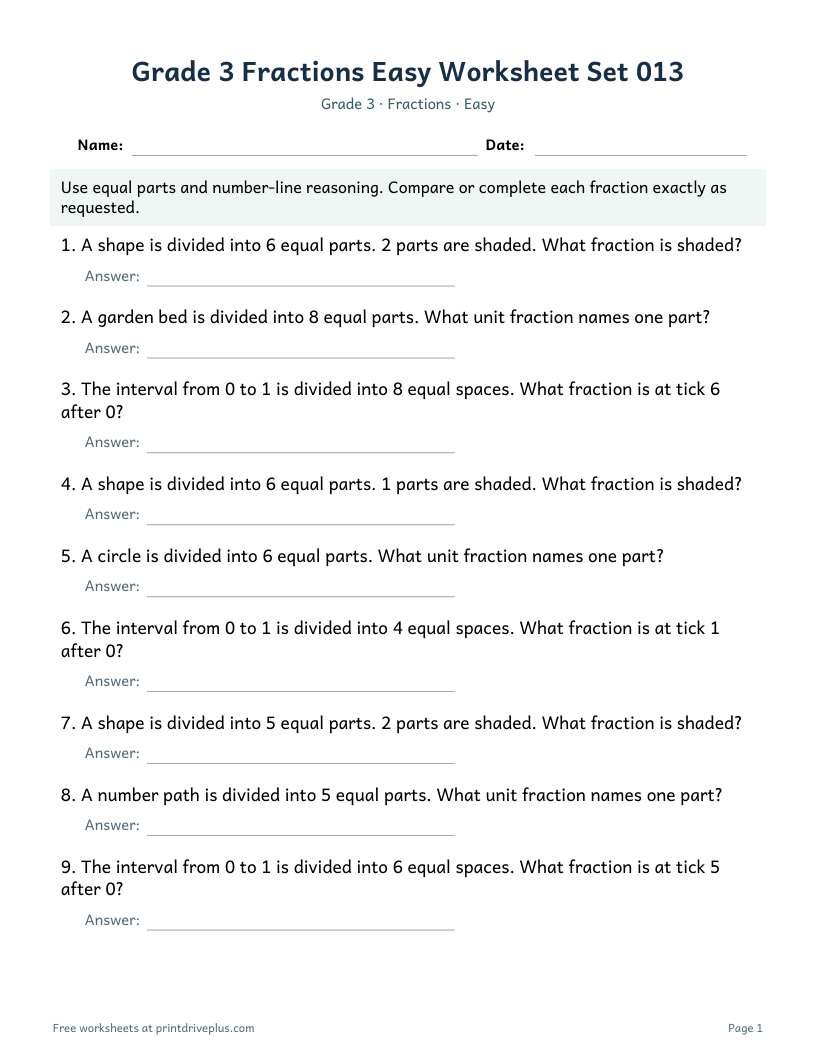 Preview of Grade 3 Fractions Easy Worksheet Set 013