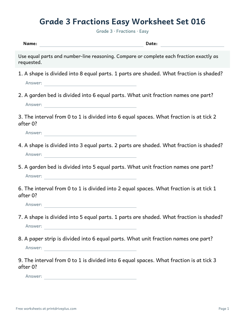 Preview of Grade 3 Fractions Easy Worksheet Set 016