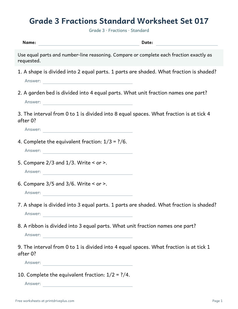 Preview of Grade 3 Fractions Standard Worksheet Set 017
