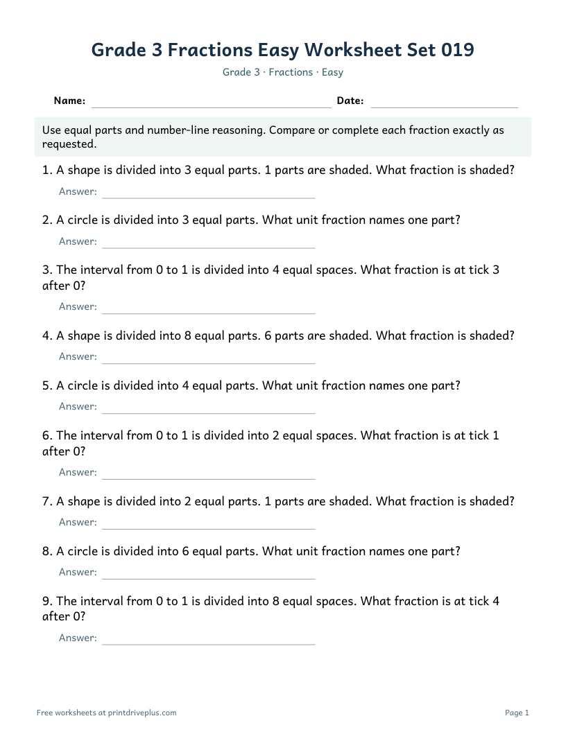 Preview of Grade 3 Fractions Easy Worksheet Set 019
